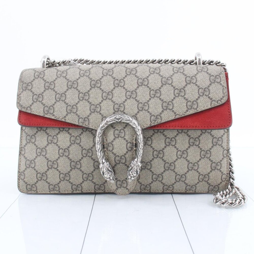 Gucci Beige GG Supreme Canvas Shoulder Bag with Red Trim and Silver Hardware